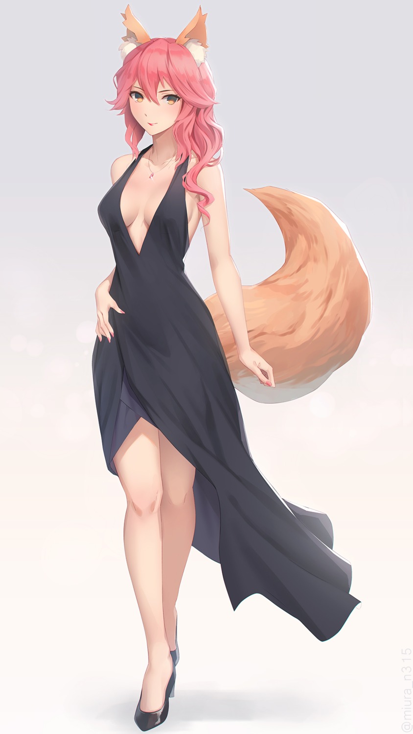 animal_ears cleavage dress fate/grand_order heels miura_naoko no_bra tail tamamo_no_mae