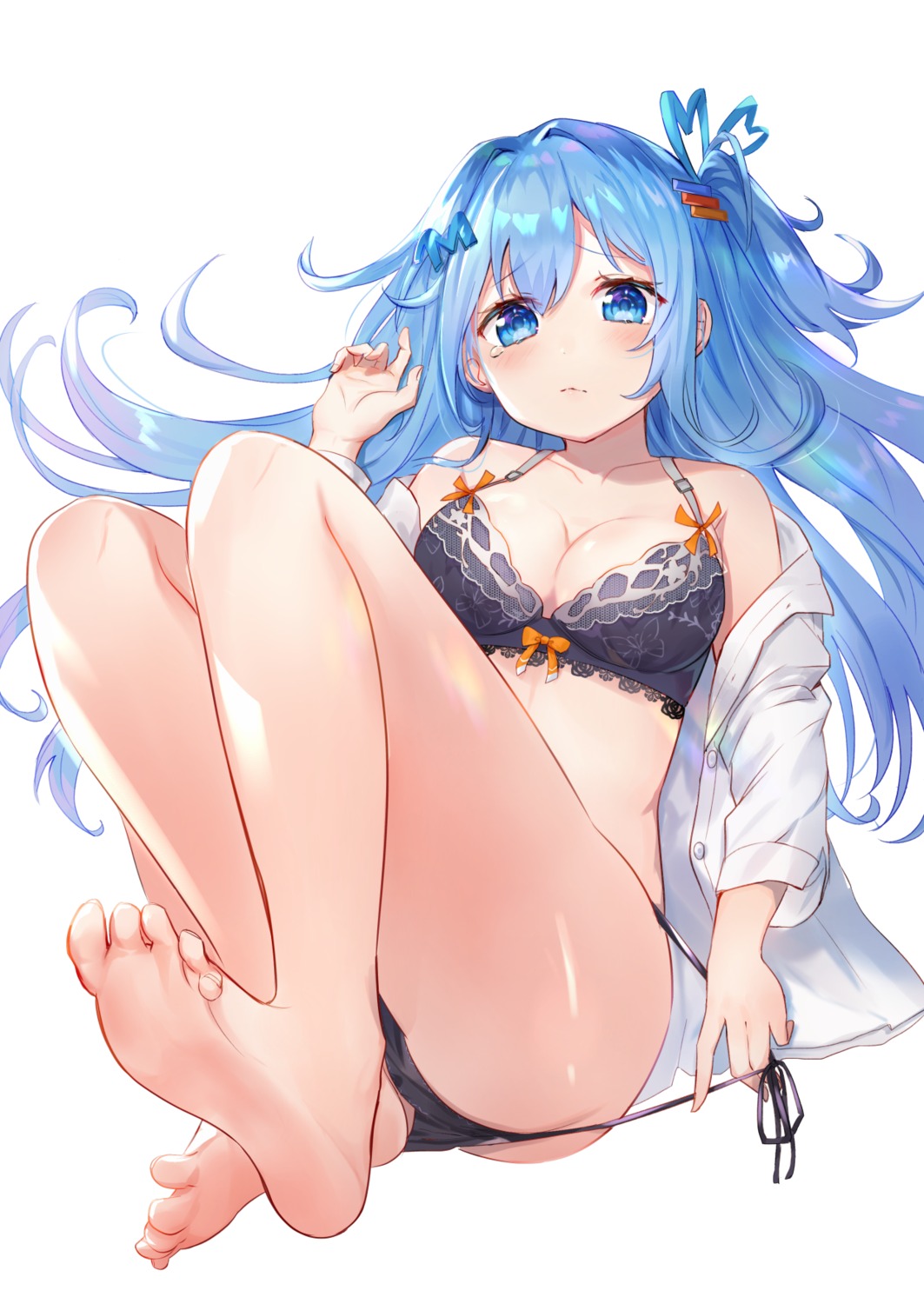 bra cleavage dress_shirt emori_miku emori_miku_project feet omelet_tomato open_shirt pantsu panty_pull string_panties undressing