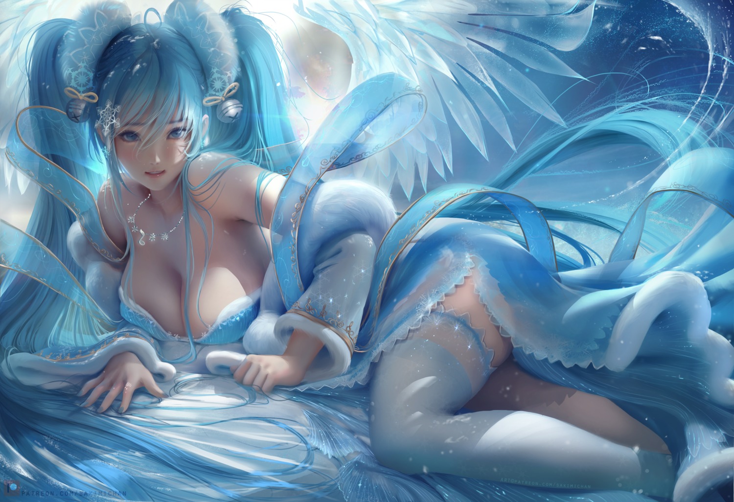 cleavage dress league_of_legends official_watermark sakimichan sona_buvelle thighhighs