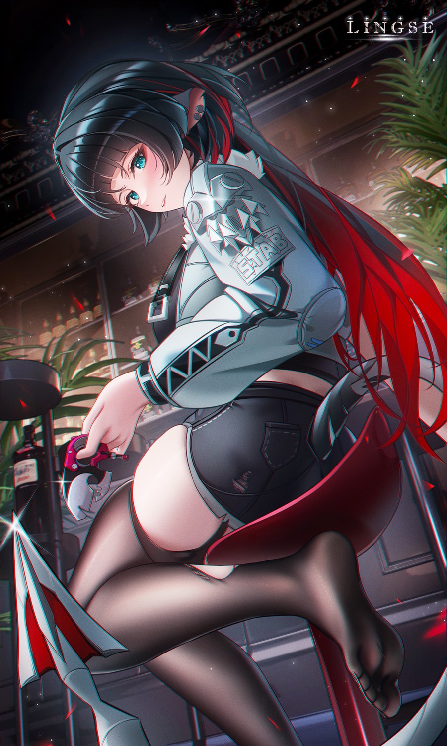 animal_ears jane_doe lingse stockings tail thighhighs torn_clothes weapon zenless_zone_zero