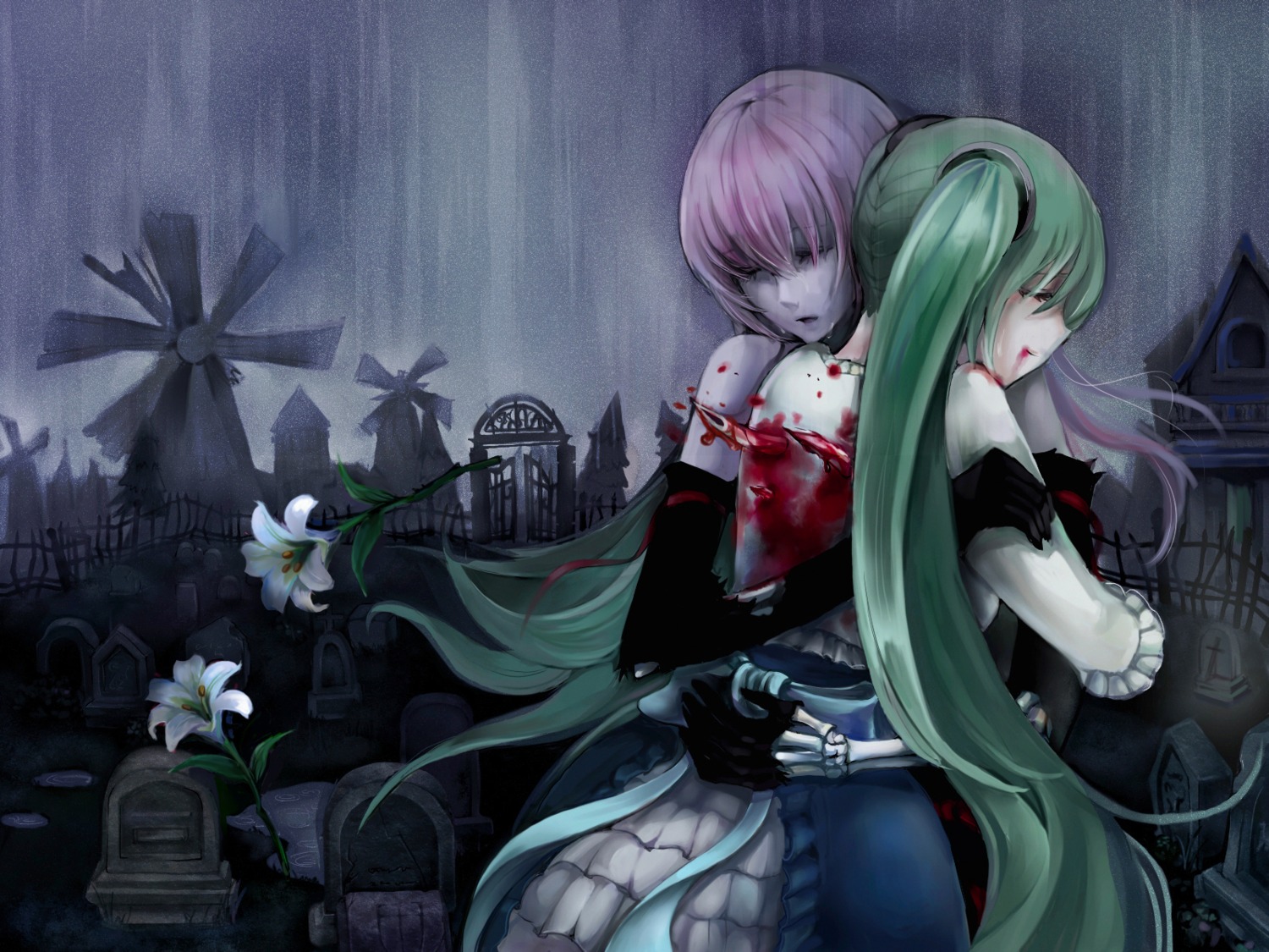 blood dress funkid hatsune_miku megurine_luka torn_clothes vocaloid wallpaper