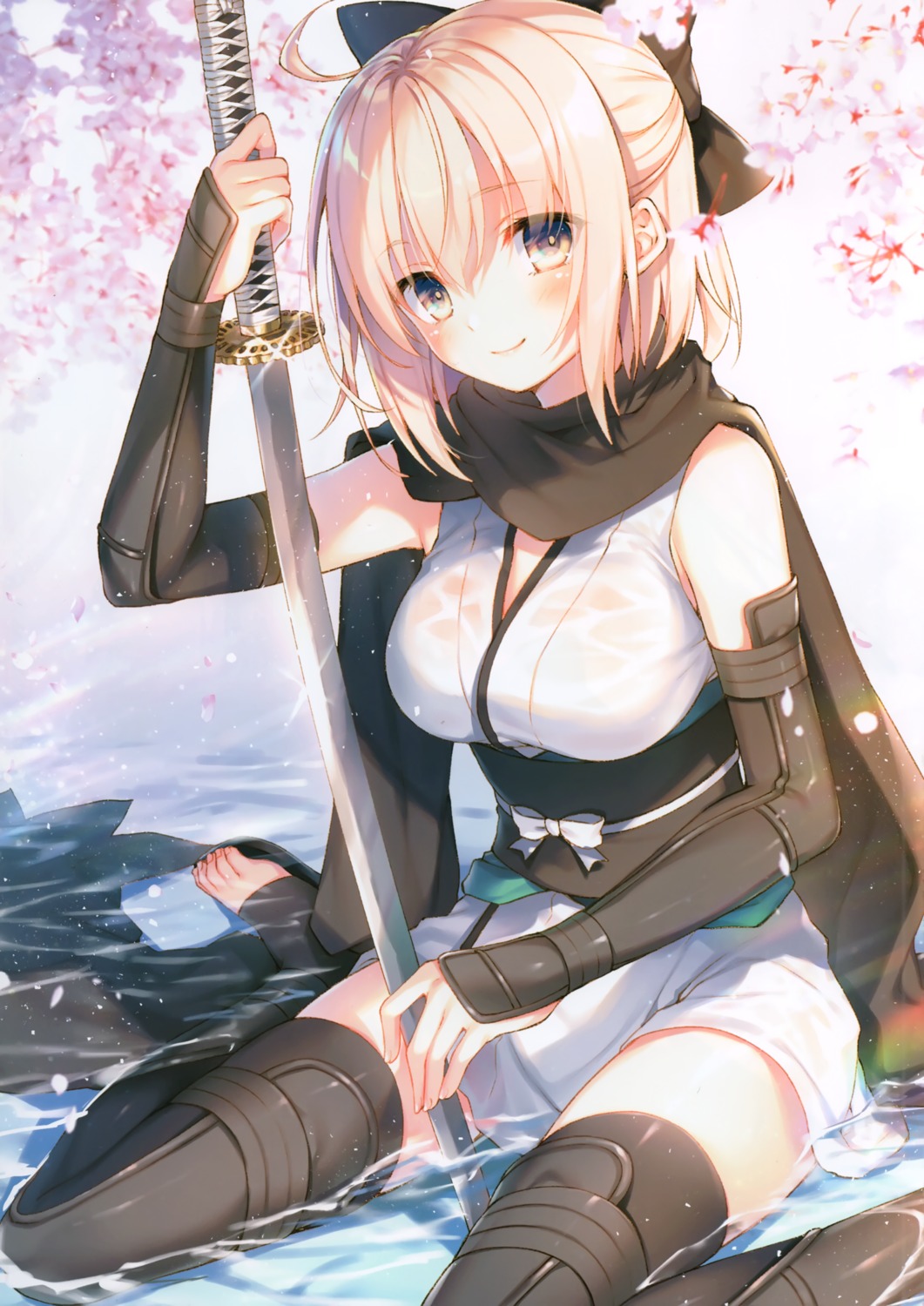 alicesyndrome* fate/grand_order japanese_clothes okita_souji_(fate) see_through sword thighhighs toosaka_asagi wet wet_clothes