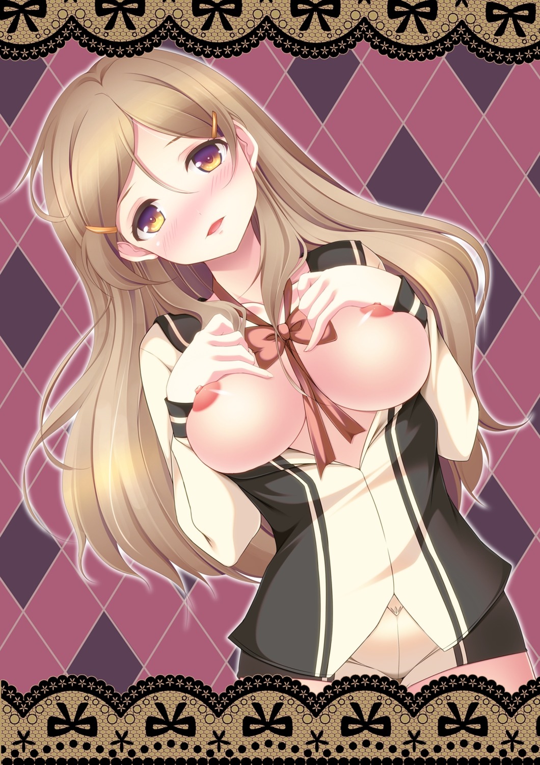 breast_hold breasts gabao. nipples open_shirt seifuku shinomiya_himawari vividred_operation