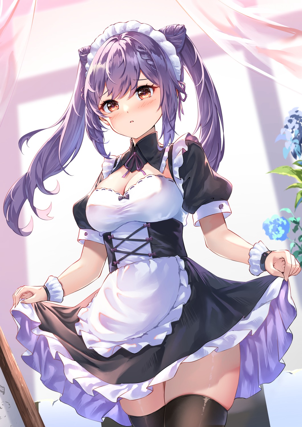 chahei erect_nipples genshin_impact keqing maid skirt_lift thighhighs