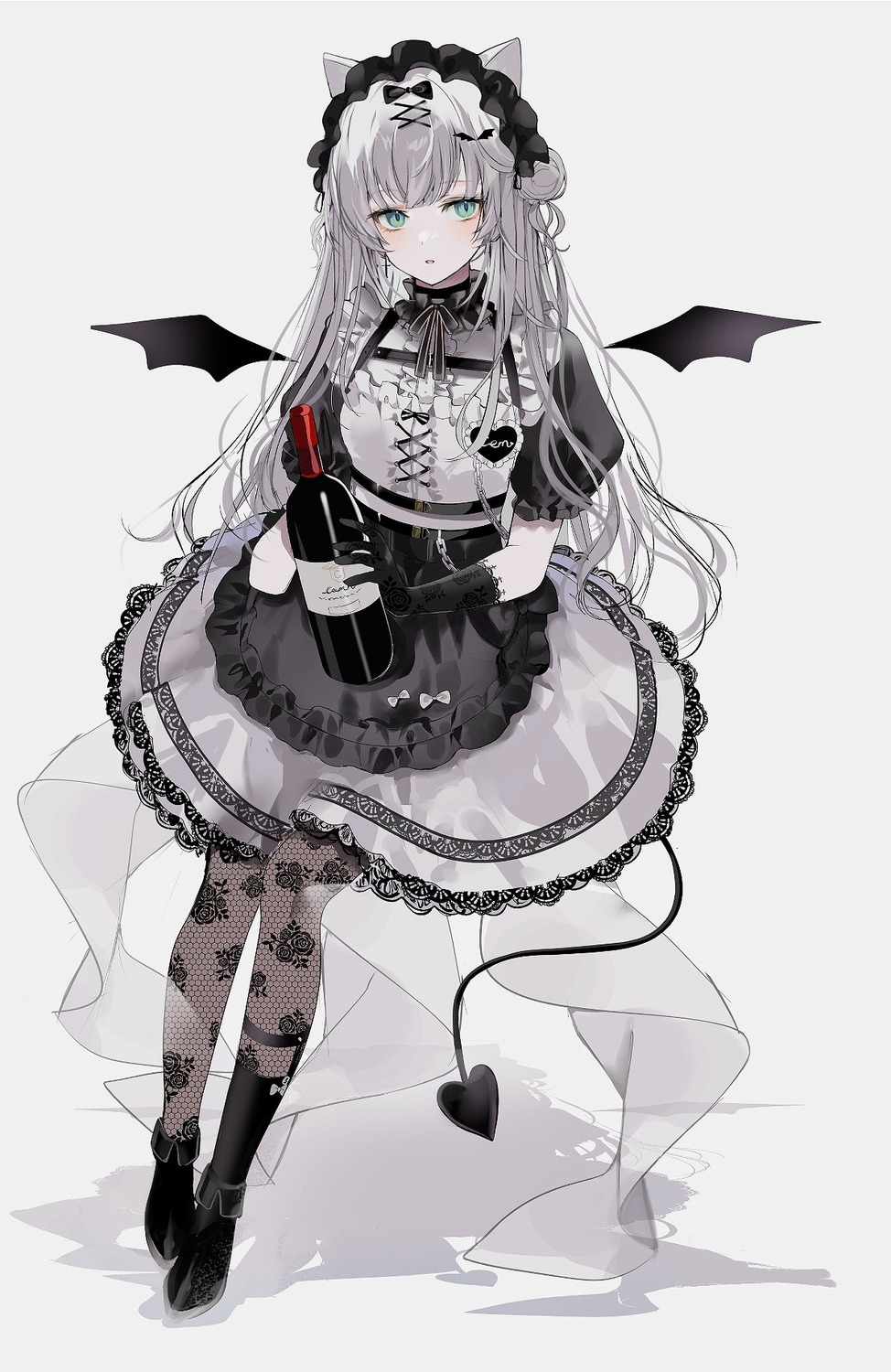 animal_ears cem fishnets maid nekomimi pantyhose see_through tail wings