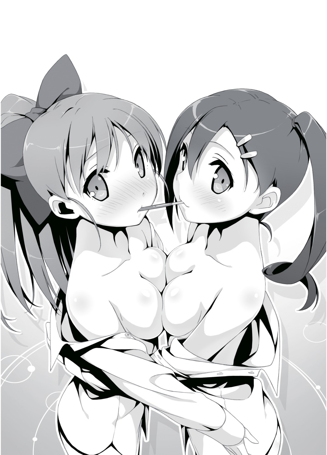 breasts cube digital_version enomoto_kaho kantoku minagawa_yuuhi monochrome no_bra open_shirt seifuku symmetrical_docking your_diary yuri