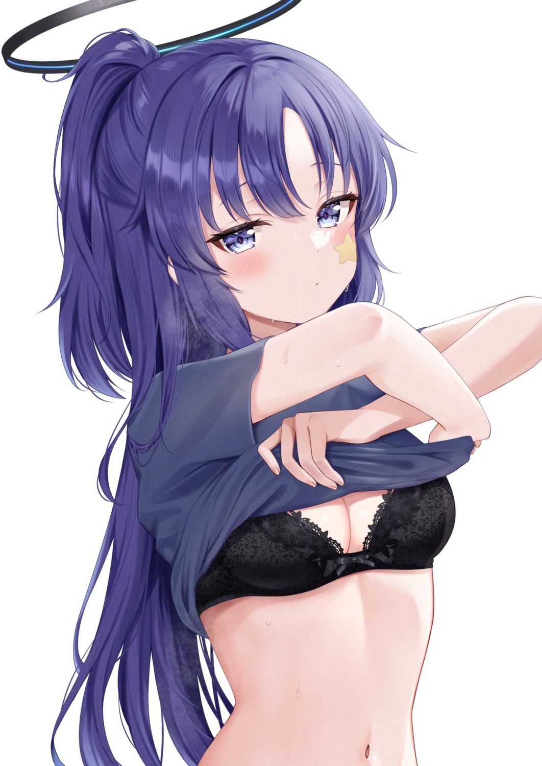 blue_archive bra halo hayase_yuuka kashiwa_mochico shirt_lift tattoo undressing