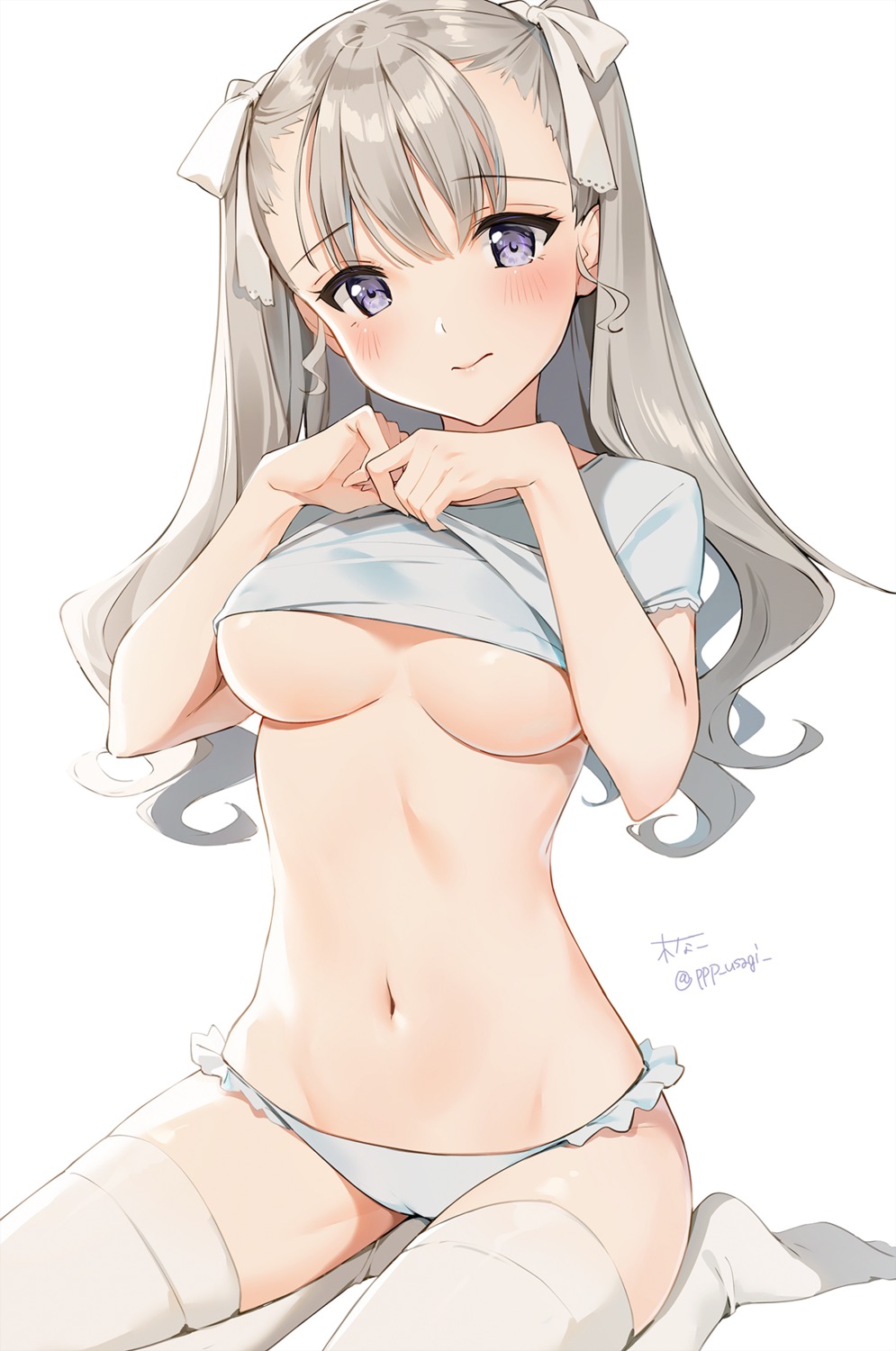 cameltoe kinako_(shiratama_mochi) no_bra pantsu shirt_lift thighhighs underboob