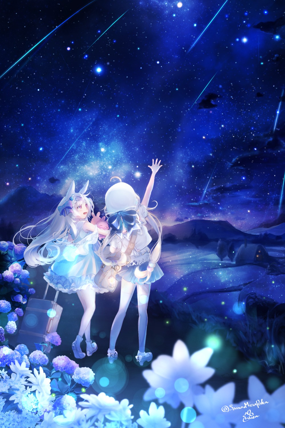 animal_ears bunny_ears dress hosimi_chloe landscape skirt_lift thighhighs