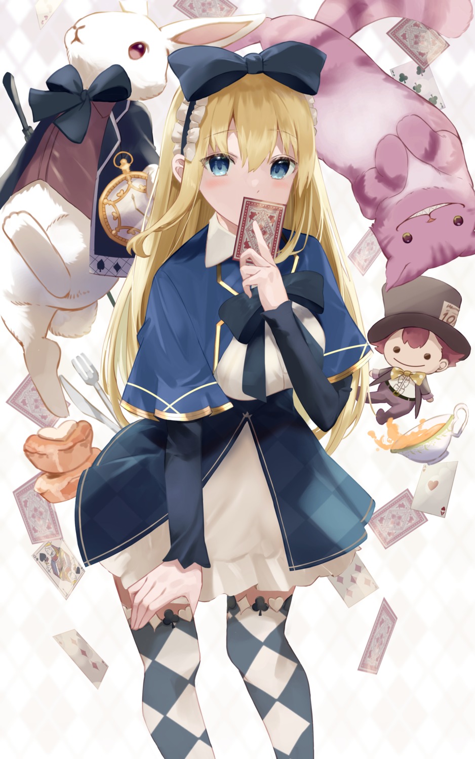 alice alice_in_wonderland cheshire_cat chibi dress mad_hatter thighhighs tomura2maru white_rabbit