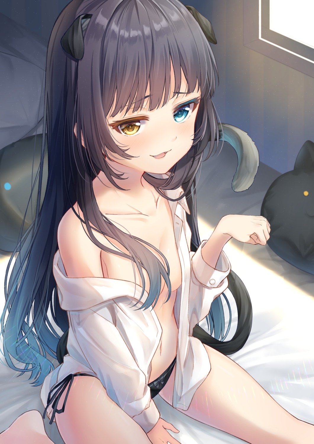 animal_ears dress_shirt heterochromia loli nekomimi no_bra open_shirt pantsu see_through string_panties tail torokeru_none