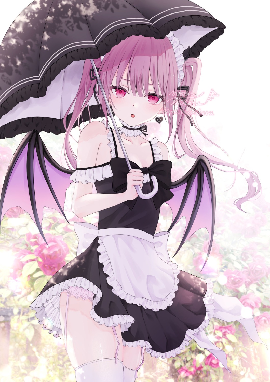 maid murur_(matsumikoru) pantsu skirt_lift stockings thighhighs umbrella wings