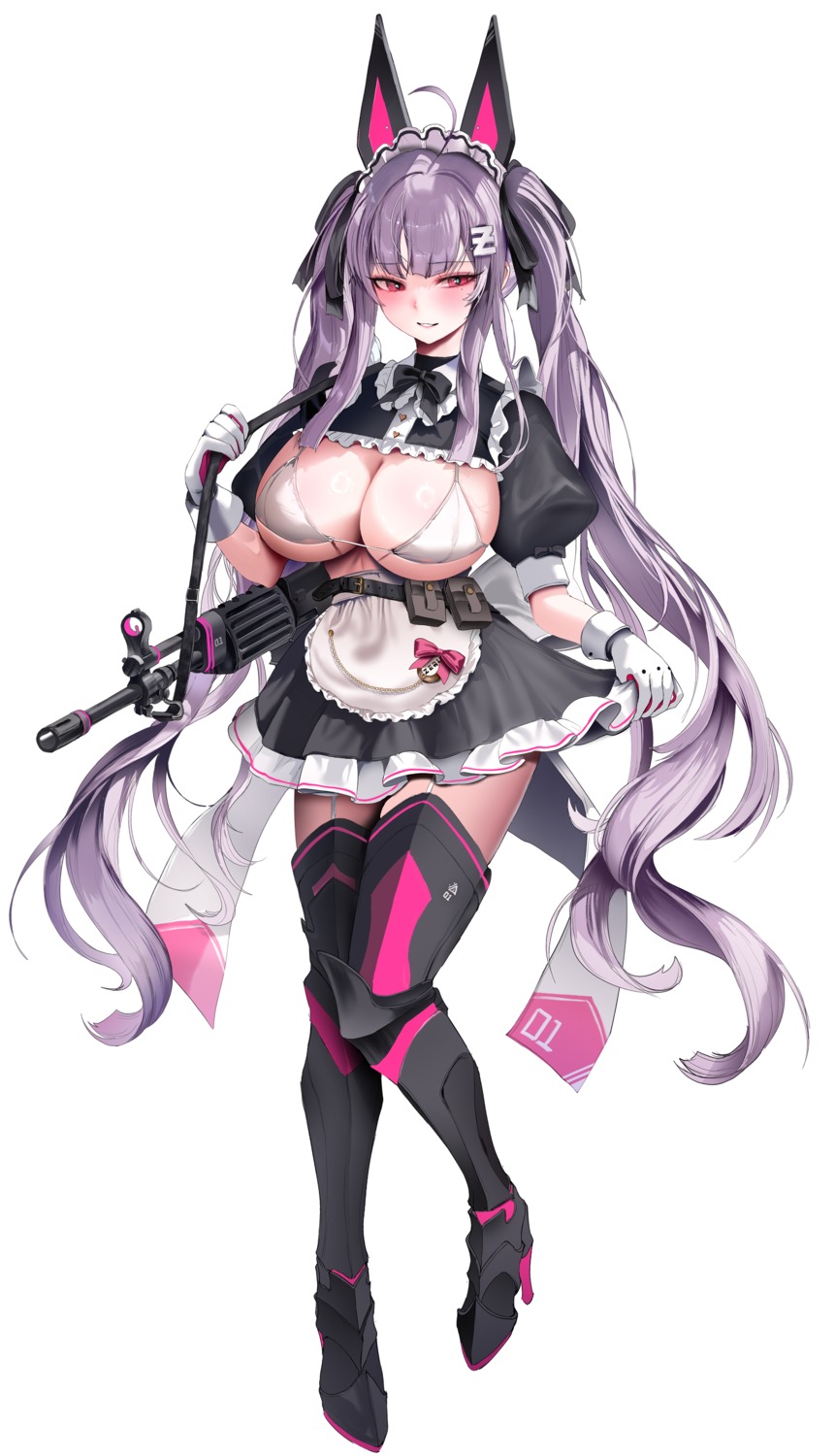 animal_ears armor bikini_top bunny_ears gun heels maid skirt_lift stockings swimsuits thighhighs zerocat zeru