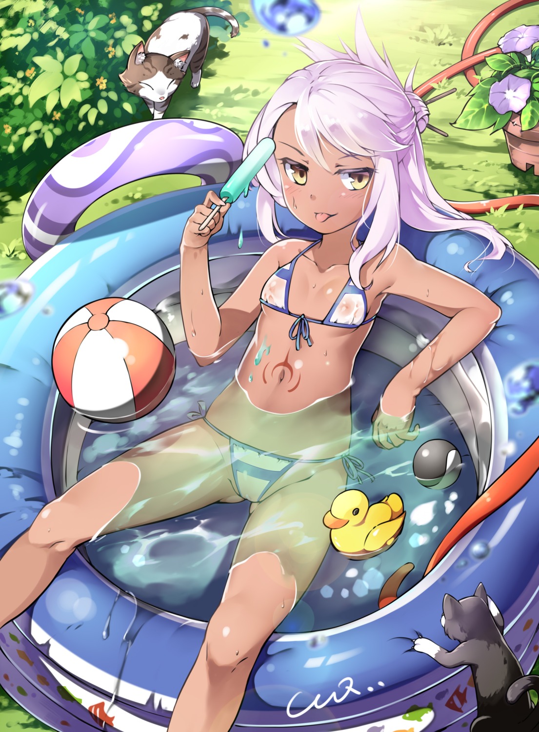 bikini ccq chloe_von_einzbern fate/kaleid_liner_prisma_illya fate/stay_night loli neko nipples see_through swimsuits tattoo wet