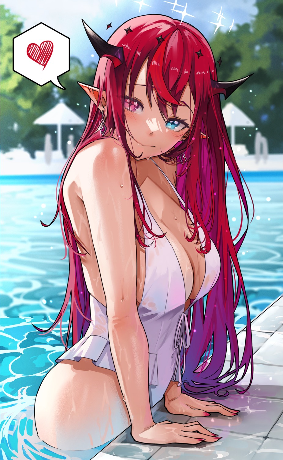 archinoer heterochromia hololive hololive_english horns irys_(hololive) pointy_ears see_through swimsuits wet wet_clothes