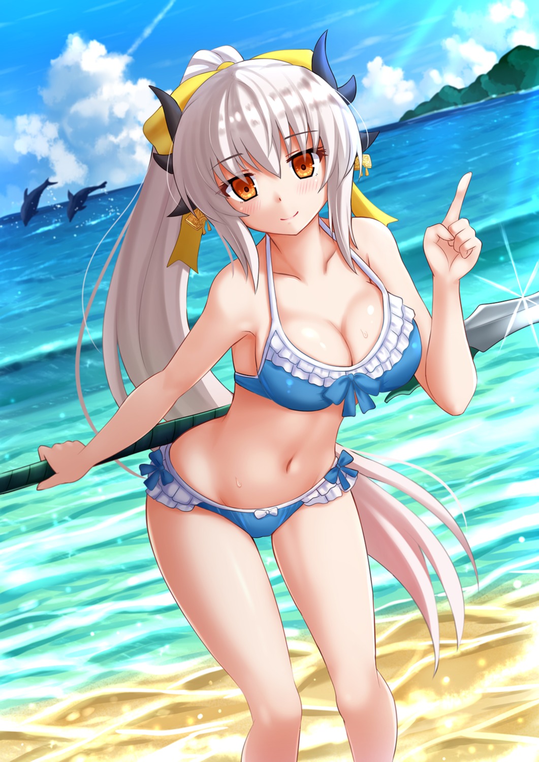 bikini cleavage fate/grand_order horns kazenokaze kiyohime_(fate/grand_order) swimsuits weapon