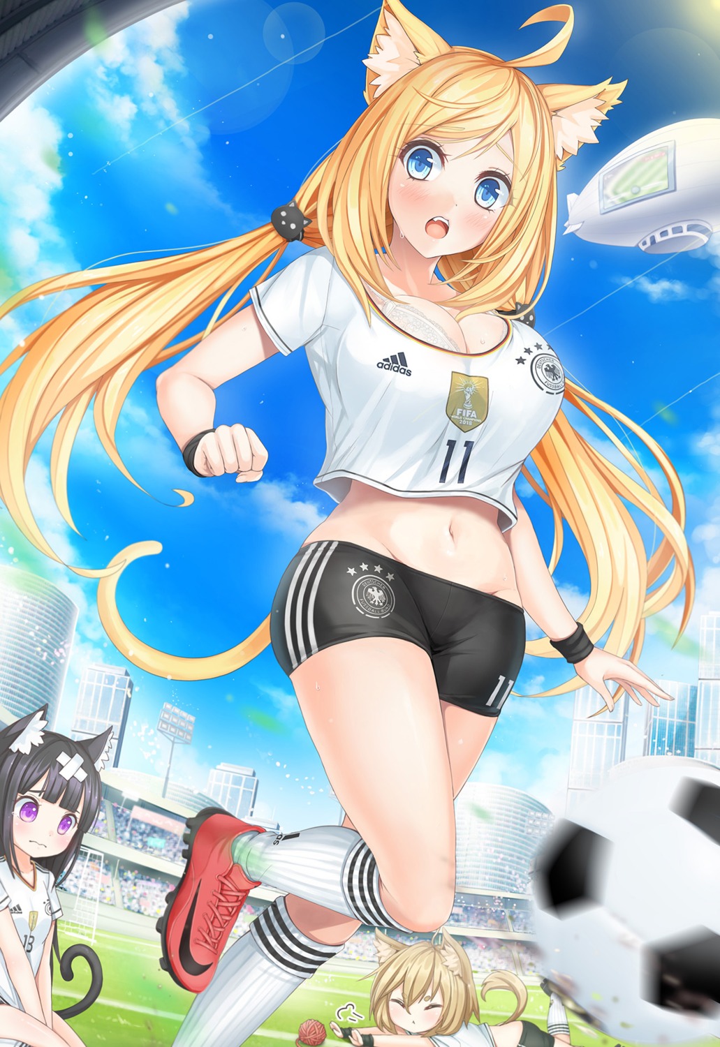 animal_ears bandaid bra cleavage gym_uniform nekomimi soccer sunimu tail