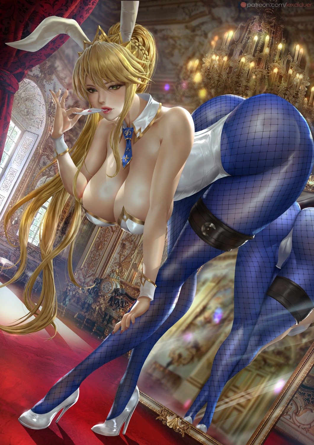 animal_ears artoria_pendragon_(lancer) artoria_pendragon_(swimsuit_ruler)_(fate) ass bunny_ears bunny_girl cameltoe fate/grand_order fishnets garter heels lexaiduer no_bra pantyhose