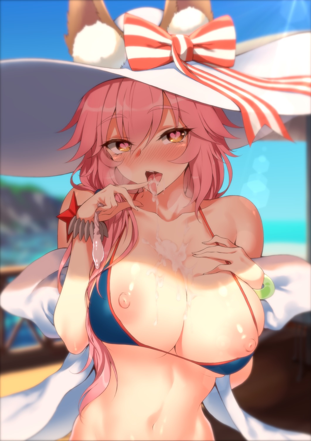 animal_ears bikini_top breast_hold breasts cum fate/grand_order kitsune mo3hig3 nipples open_shirt swimsuits tamamo_no_mae