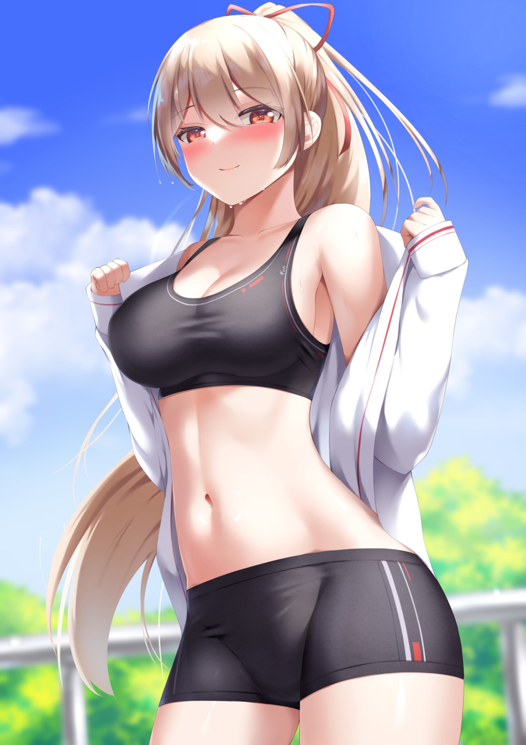 bike_shorts bra cleavage open_shirt tatsumiya_kagari undressing