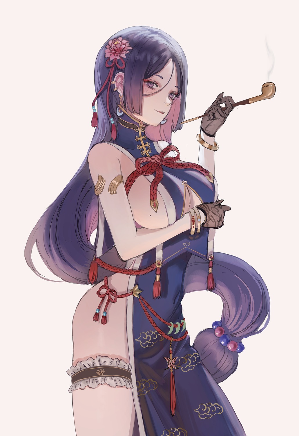 chinadress fate/grand_order garter gold_can minamoto_no_raikou_(fate/grand_order) no_bra nopan smoking