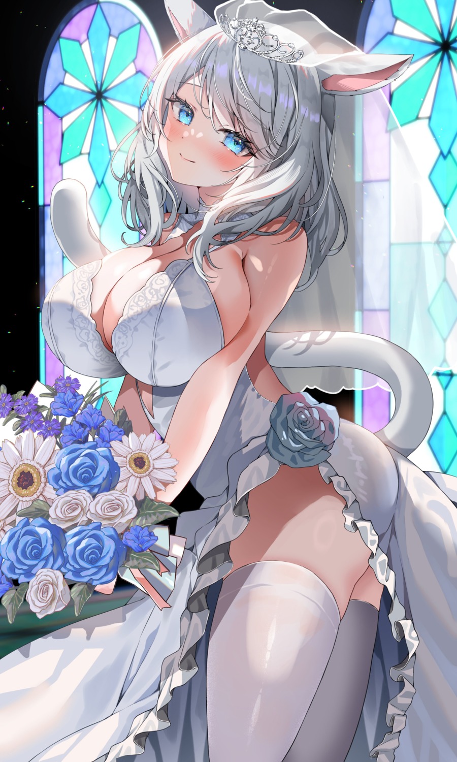 animal_ears dress final_fantasy final_fantasy_xiv miqo'te nekomimi no_bra photoshop skirt_lift tail thighhighs wedding_dress yam_(yamap_mako)