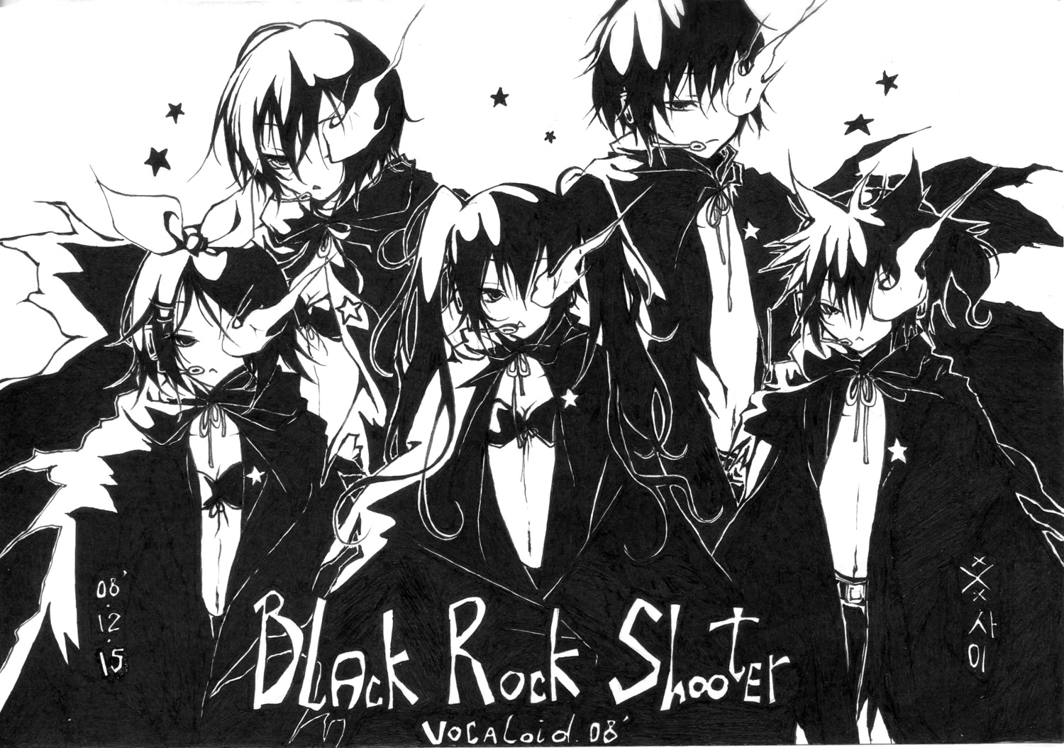 black_rock_shooter hatsune_miku kagamine_len kagamine_rin kaito meiko monochrome vocaloid xxxsai