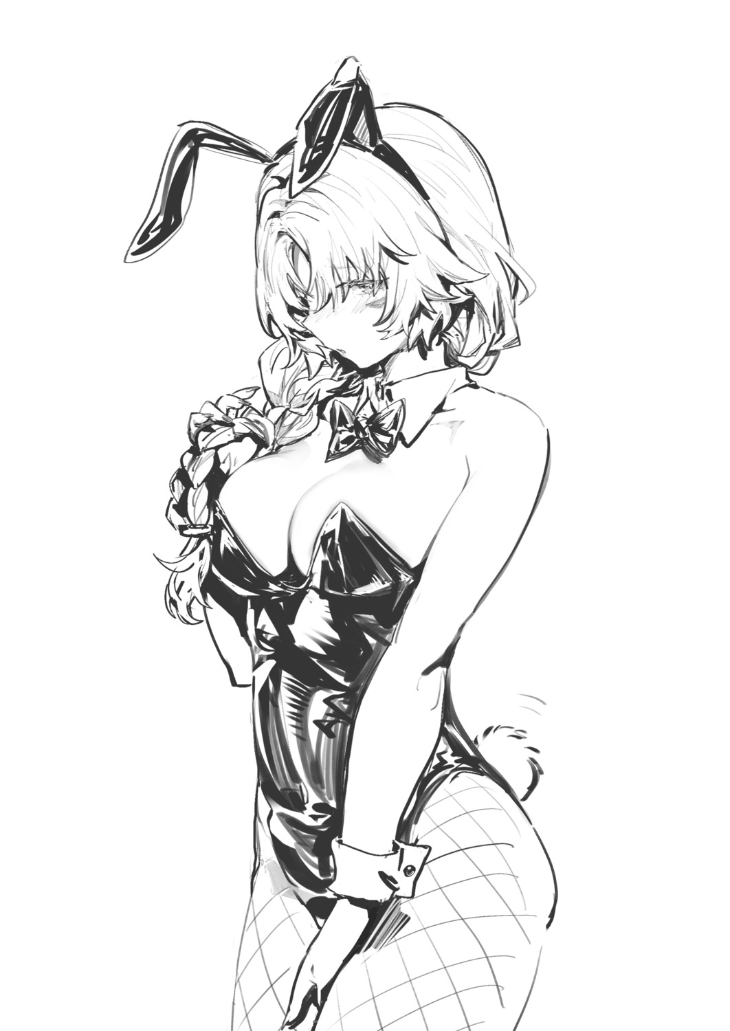 animal_ears bunny_ears bunny_girl fishnets leon_v monochrome no_bra pantyhose sketch tail