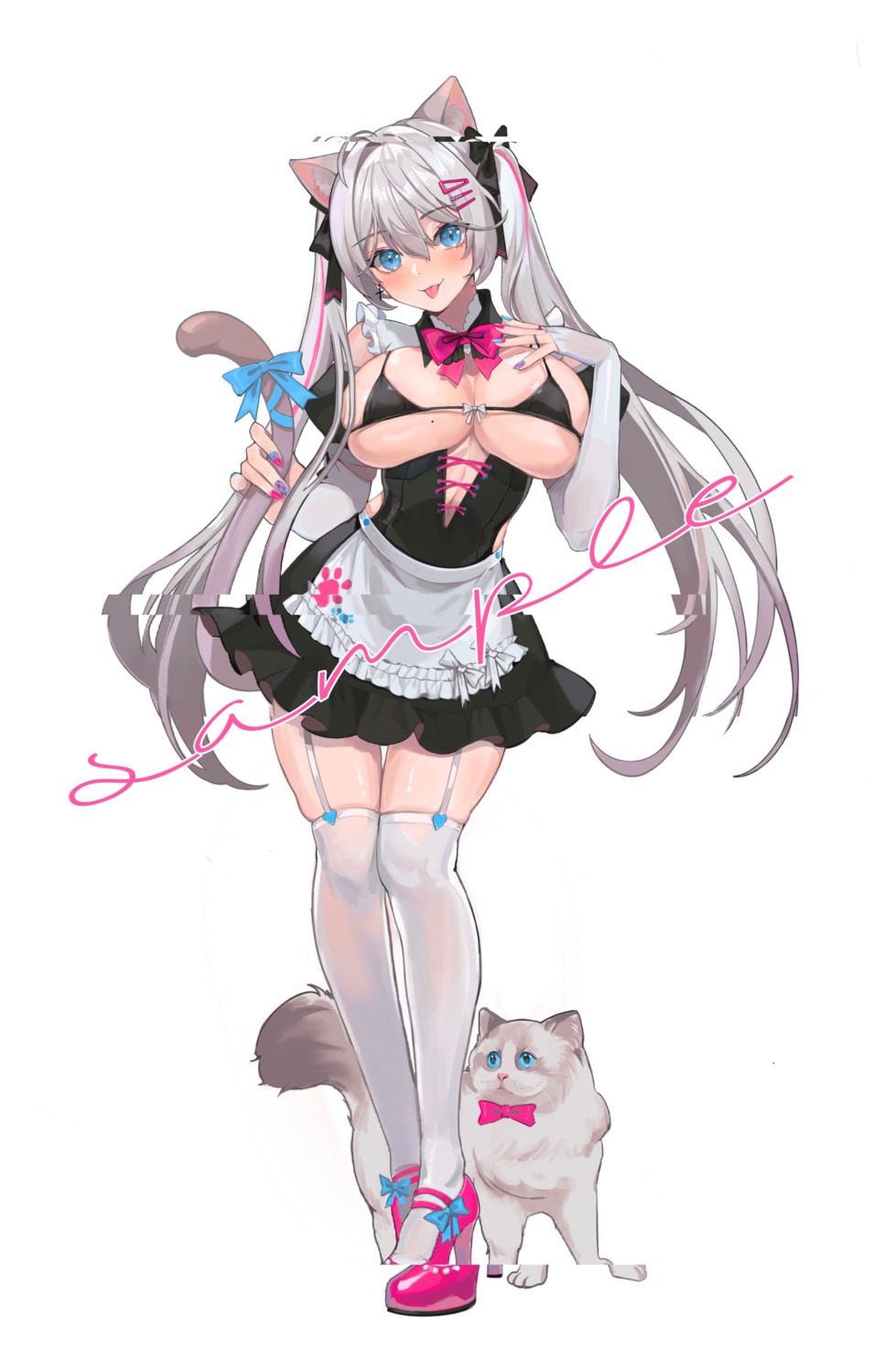 animal_ears bra heels jintianhuahualema maid neko nekomimi sample skirt_lift stockings tail thighhighs