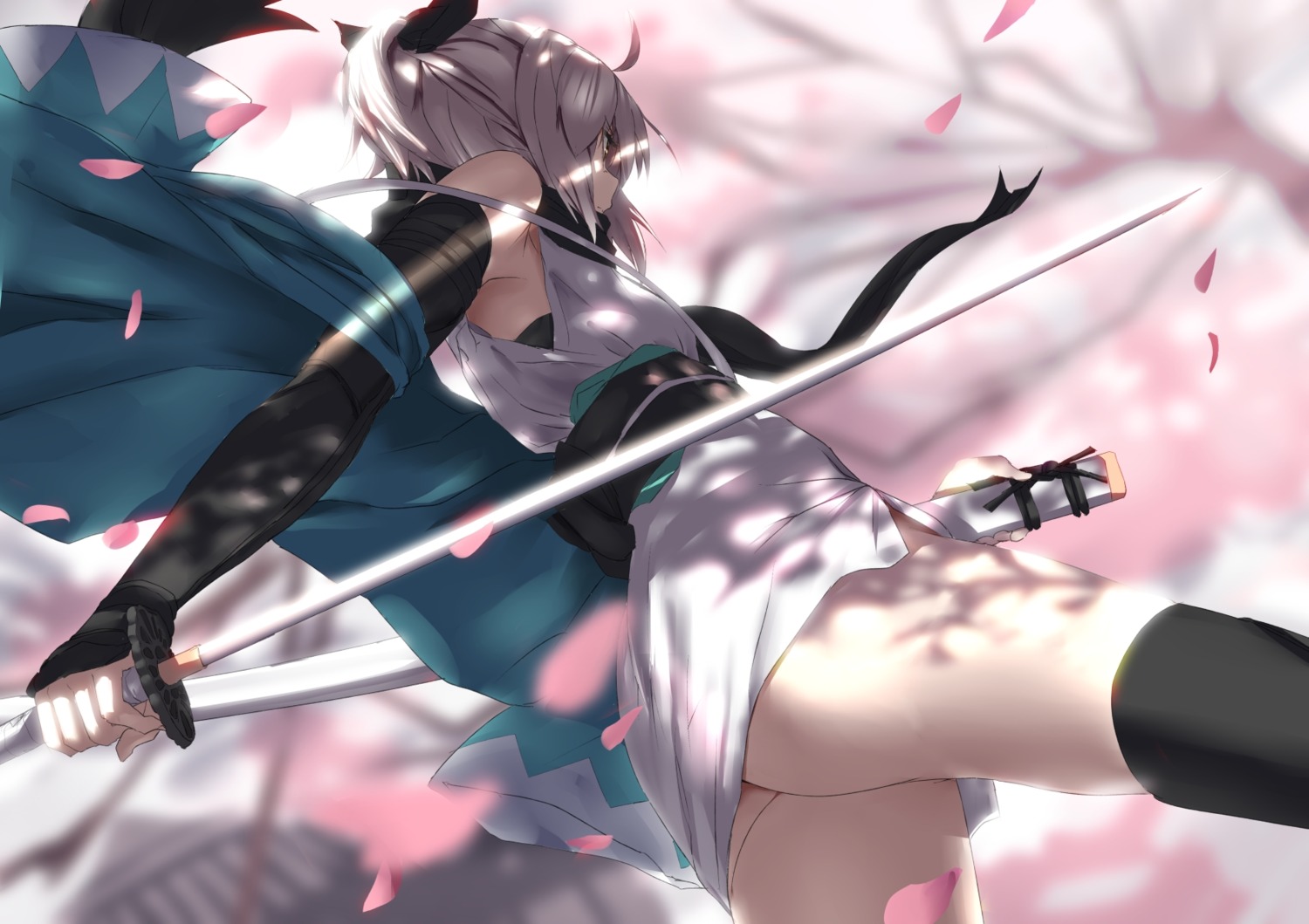 ass fate/grand_order japanese_clothes okita_souji_(fate) sword thighhighs tsuuhan