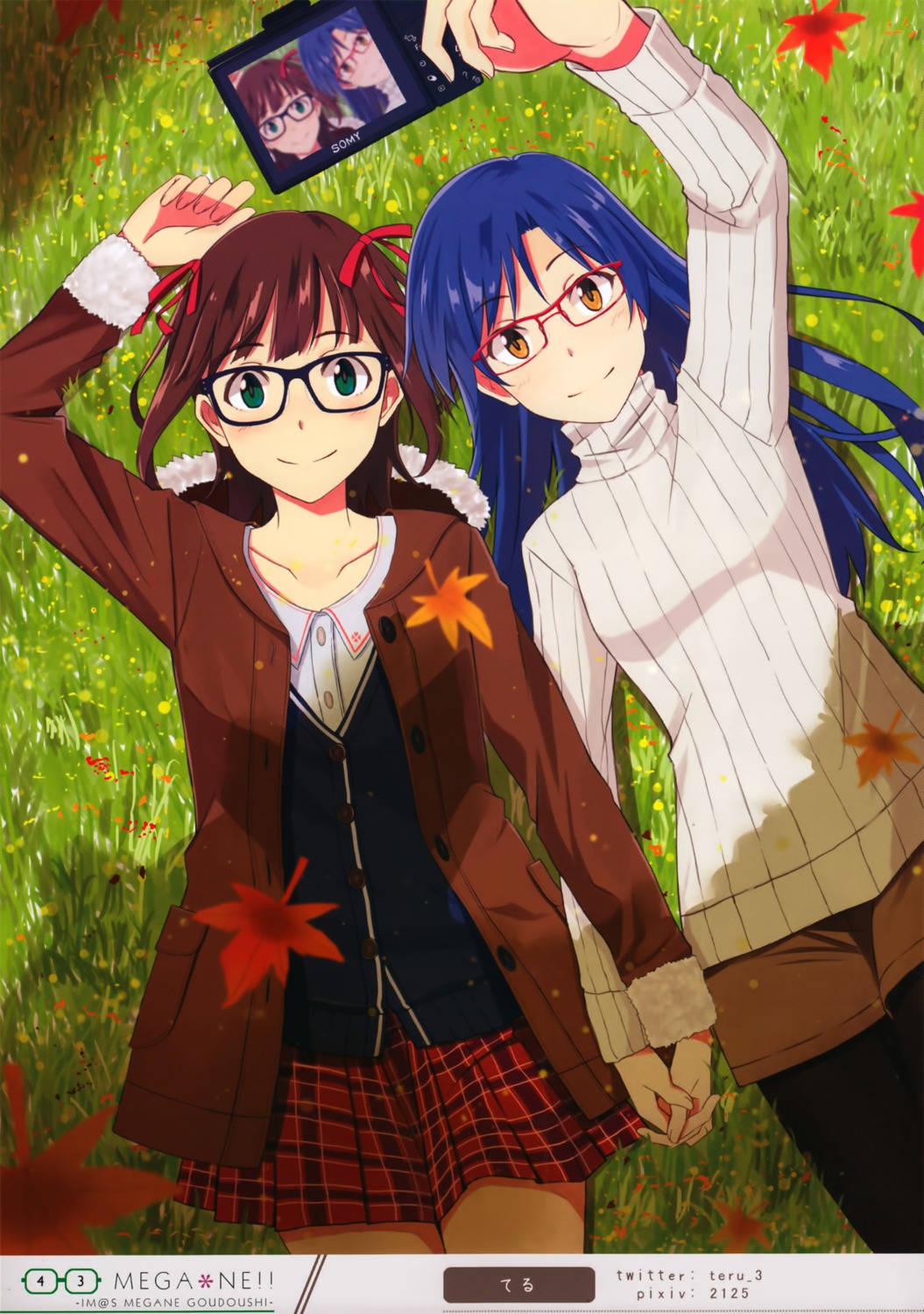 amami_haruka kisaragi_chihaya megane pantyhose seifuku sweater teru_(pixiv2125) the_idolm@ster