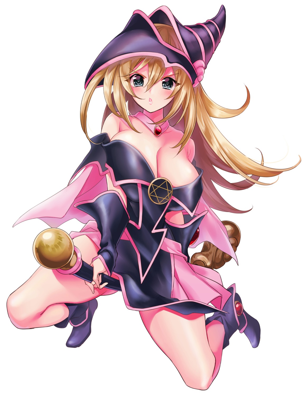 breast_hold cleavage dark_magician_girl no_bra siihachi weapon yugioh