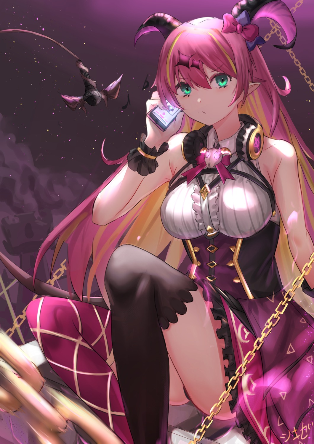 headphones hololive horns jeze mano_aloe pantsu pointy_ears skirt_lift tail thighhighs thong