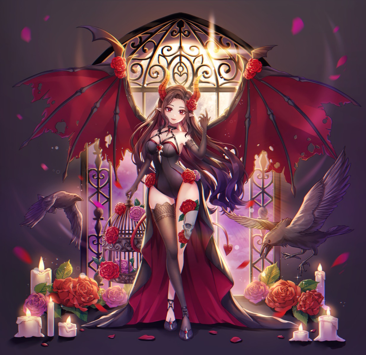 cleavage dress hayun heels horns leotard pointy_ears tail tattoo thighhighs wings