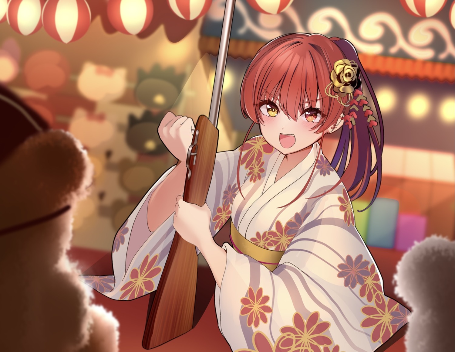 gun heterochromia hololive houshou_marine yoshioka_pochi yukata