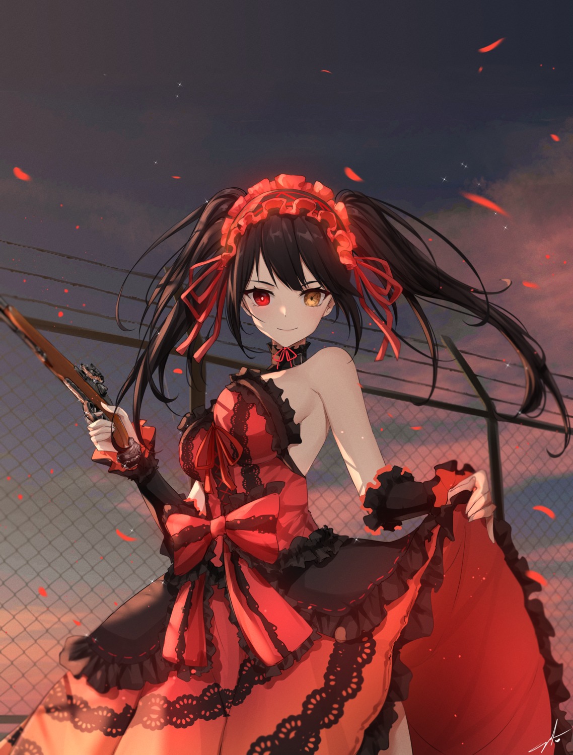 date_a_live dress feint721 gothic_lolita gun heterochromia lolita_fashion no_bra skirt_lift tokisaki_kurumi