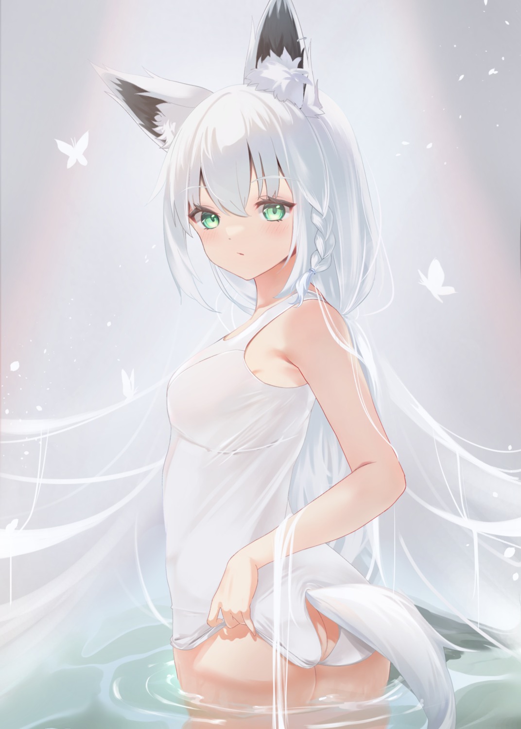 animal_ears ass hololive hololive_gamers kitsune miaohik school_swimsuit shirakami_fubuki swimsuits tail wet