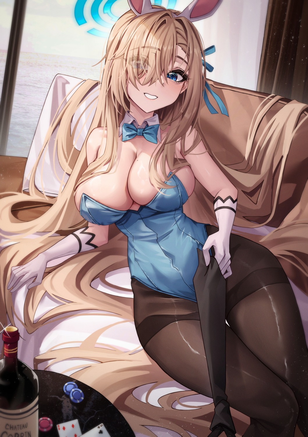 animal_ears blue_archive bunny_ears bunny_girl halo hidel ichinose_asuna no_bra pantyhose