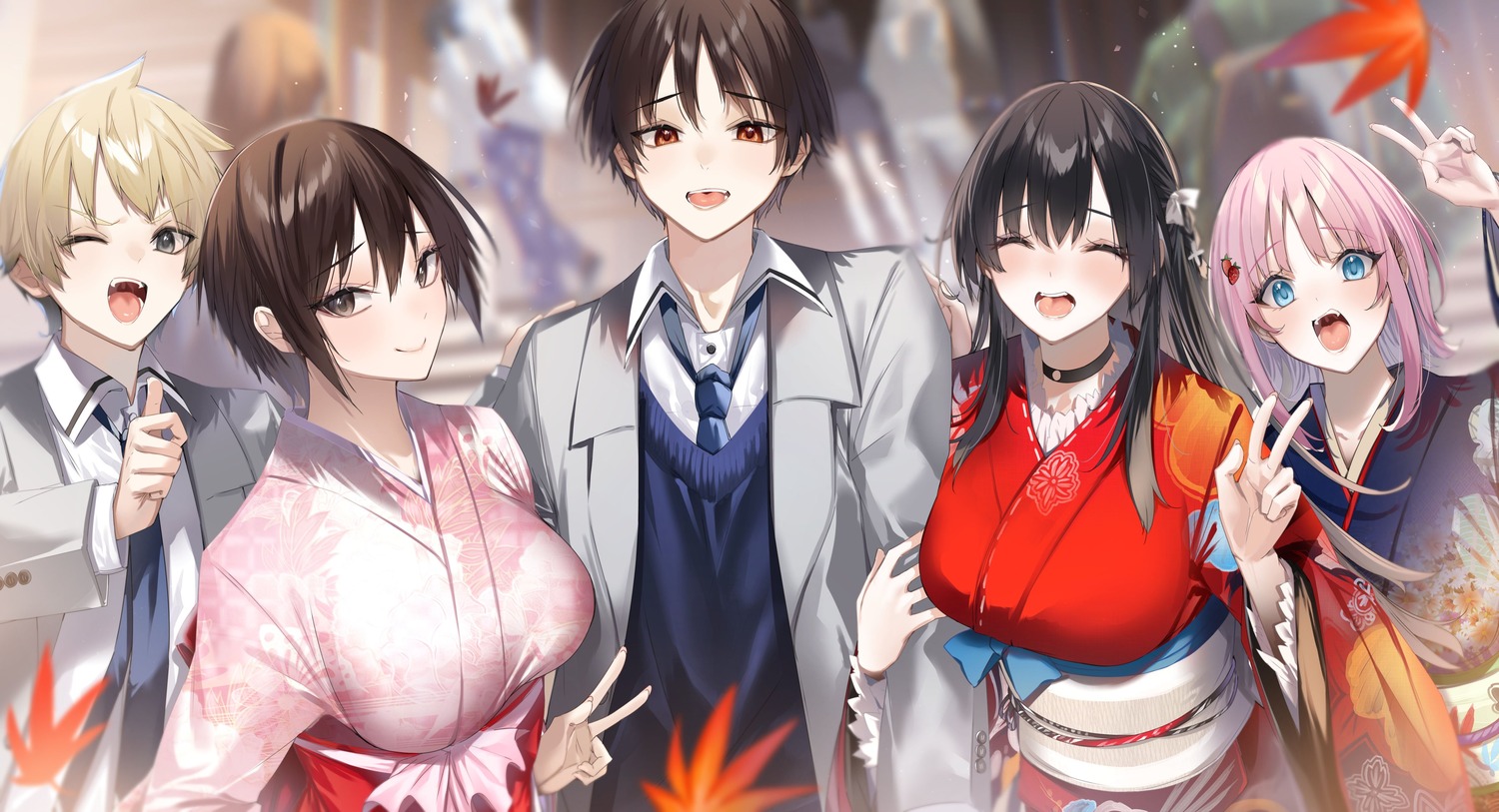 higure_shinji hitotsuba_kaede kakao kimono nikaidou_ai_(ryoushin_no_shakkin) ootsuki_akiho ryoushin_no_shakkin_wo_katagawari_shite_morau_jouken_wa_nihonichi_kawaii_joshikousei_to_issho_ni_kurasu_koto_deshita. seifuku sweater yoshizumi_yuuya