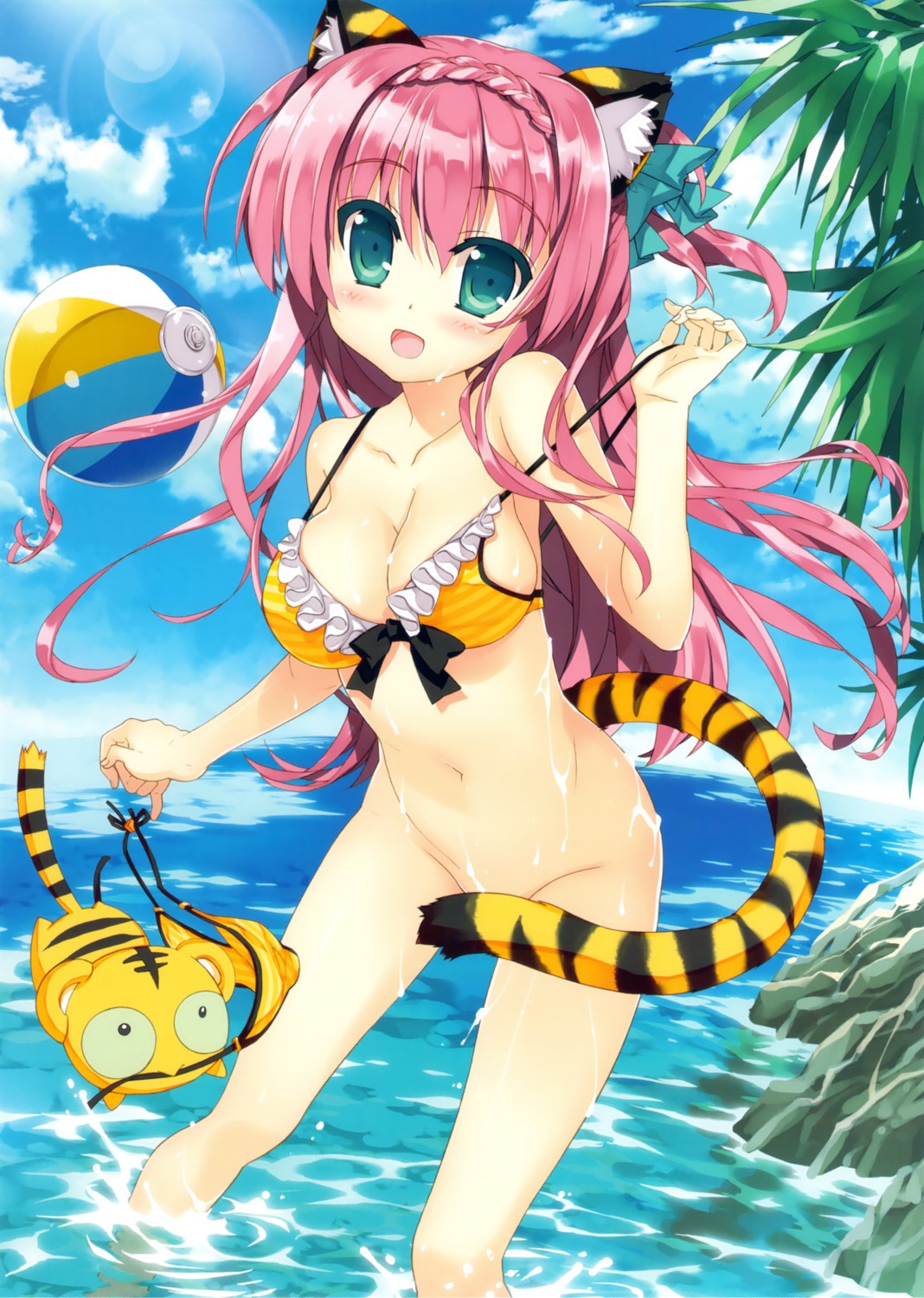 animal_ears bikini bottomless cleavage fujima_takuya nekomimi swimsuits tail toranoana wardrobe_malfunction