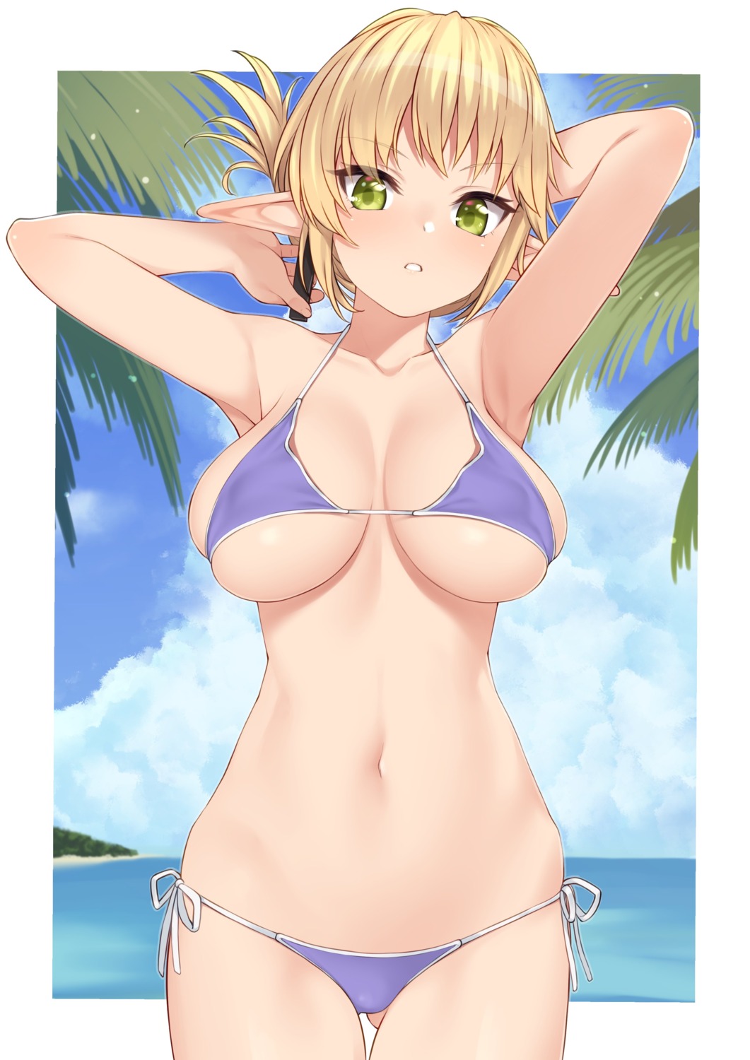 aegis_tia_aederlinde bikini elf enjo_kouhai erect_nipples pointy_ears swimsuits takunomi