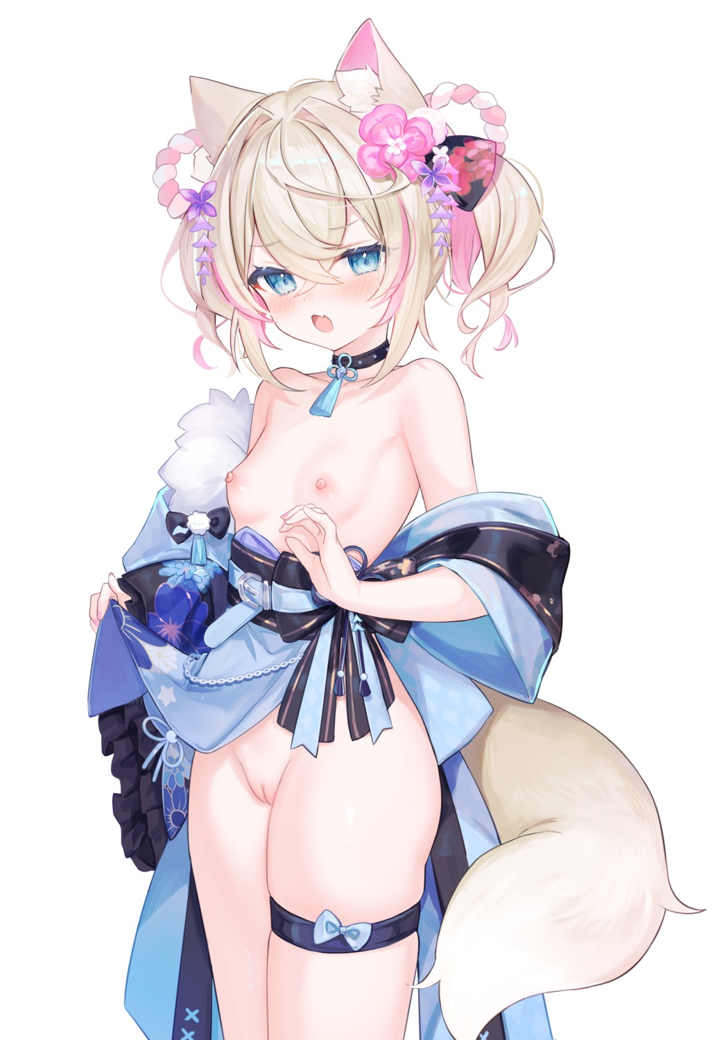 animal_ears breasts garter hololive hololive_english inumimi japanese_clothes mococo_abyssgard nipples no_bra nopan pussy shouu-kun skirt_lift tail uncensored