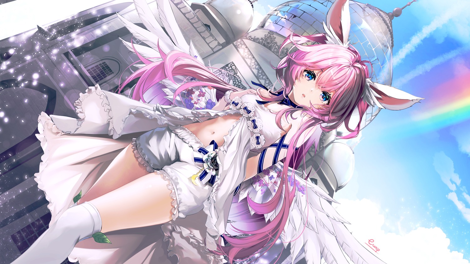 animal_ears bunny_ears eunip no_bra thighhighs wallpaper wings