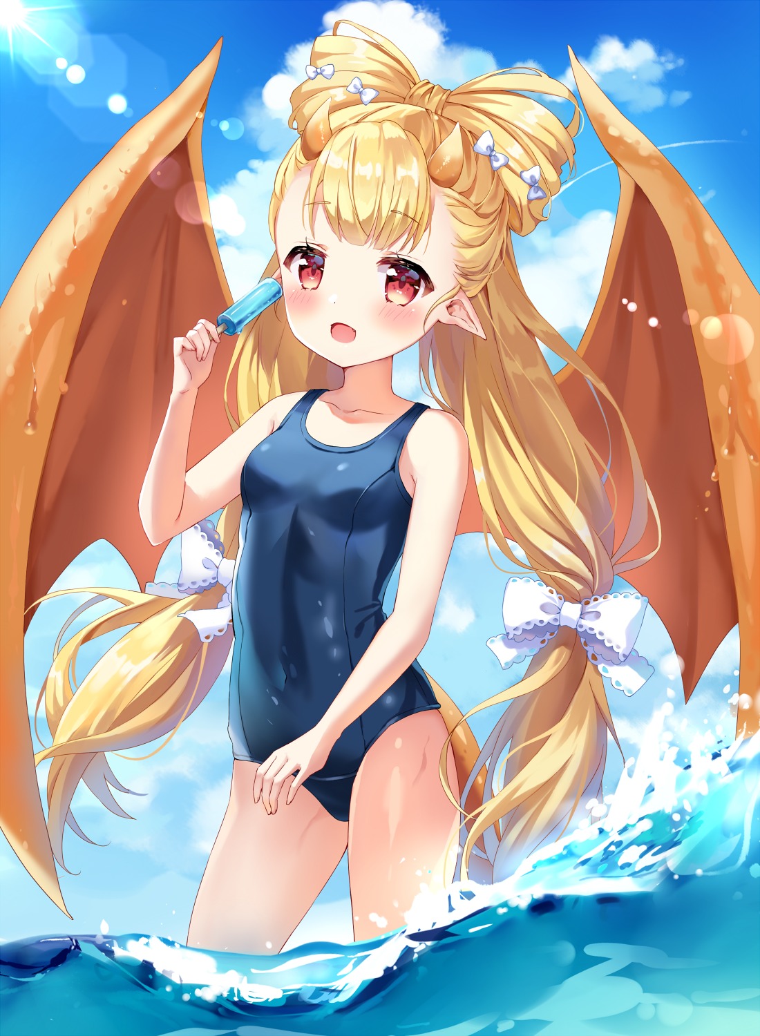 horns mayo_(miyusa) pointy_ears school_swimsuit swimsuits tail unleashed wet wings