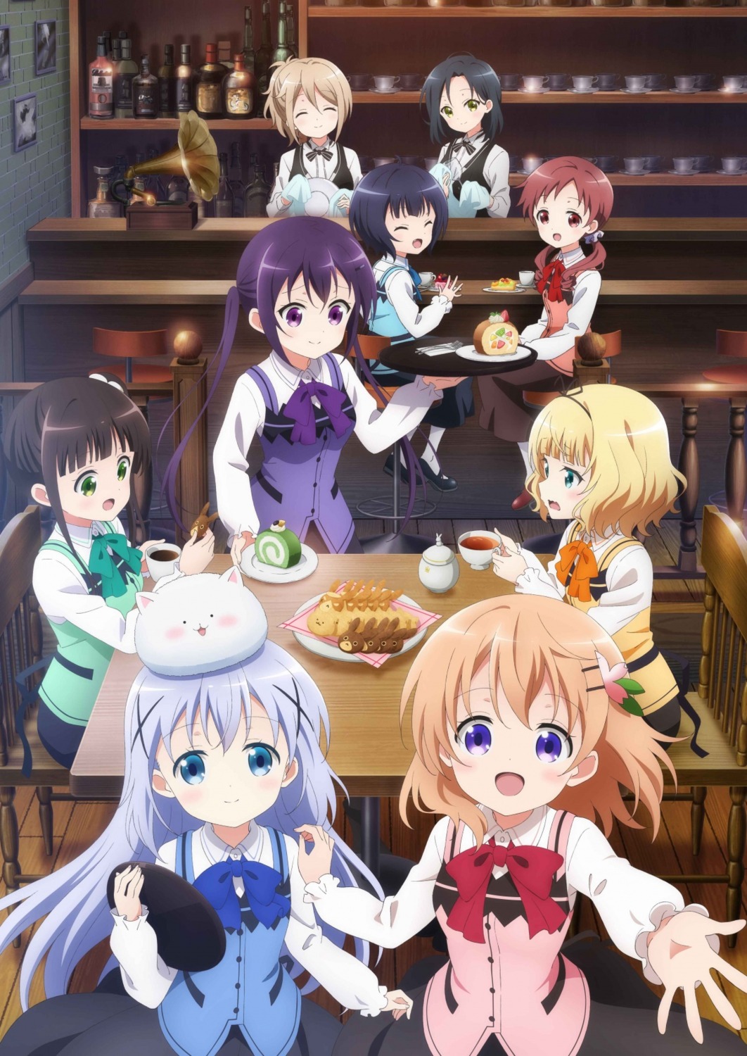 aoyama_midori gochuumon_wa_usagi_desu_ka? hoto_cocoa jouga_maya kafuu_chino kirima_sharo mate_rin natsu_megumi tagme tedeza_rize tippy_(gochuumon_wa_usagi_desu_ka?) ujimatsu_chiya waitress