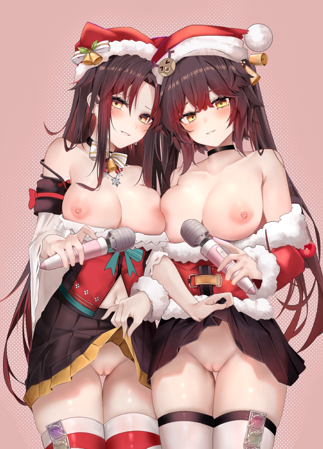 areola breasts christmas girls_frontline m14_(girls_frontline) m21_(girls_frontline) nipples no_bra nopan photoshop pussy ru_zhai thighhighs uncensored vibrator wardrobe_malfunction