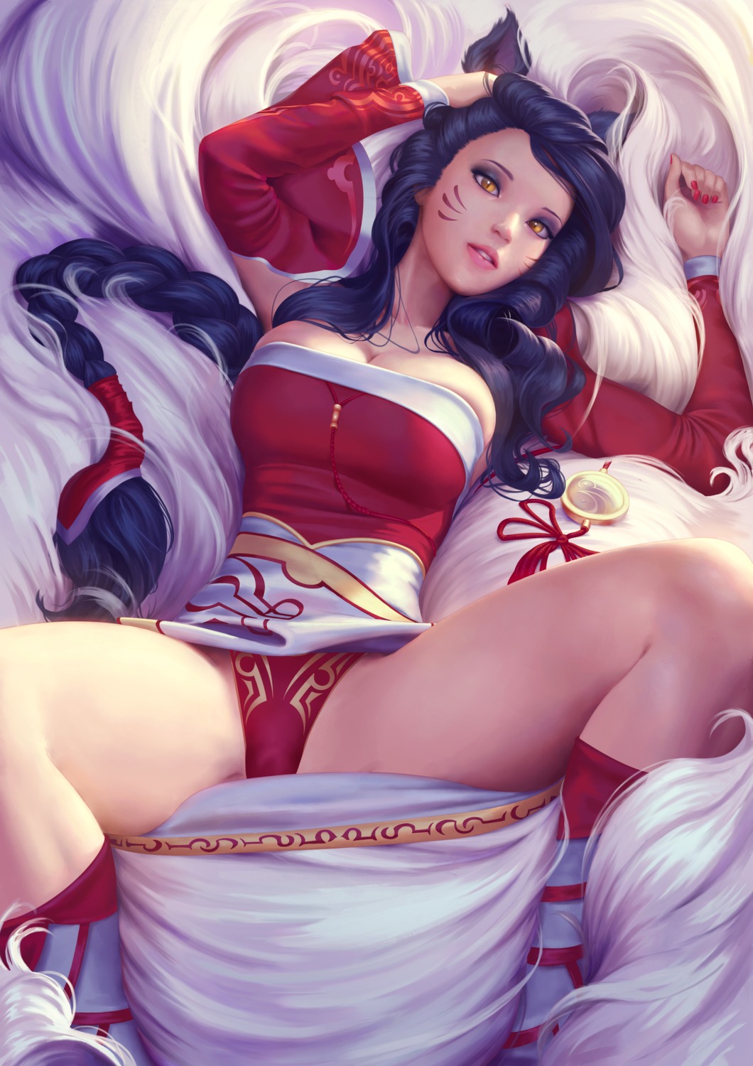 ahri animal_ears asian_clothes kitsune league_of_legends misusart no_bra pantsu skirt_lift tail