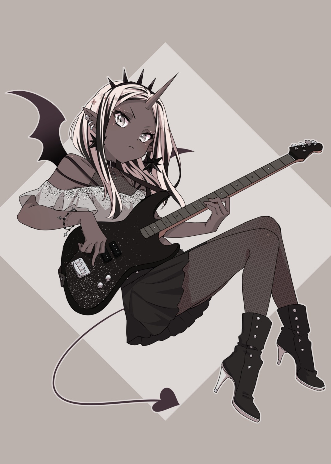 devil dress fishnets guitar heels horns pantyhose pointy_ears see_through tail westxost_(68monkey) wings