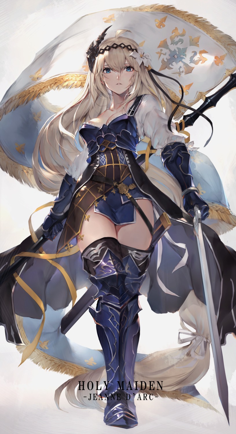 armor cleavage granblue_fantasy jeanne_d'arc jeanne_d'arc_(granblue_fantasy) oyu_(sijimisizimi) sword thighhighs
