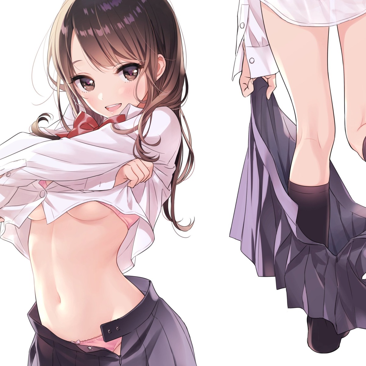 bra morikura_en pantsu see_through seifuku shirt_lift underboob undressing